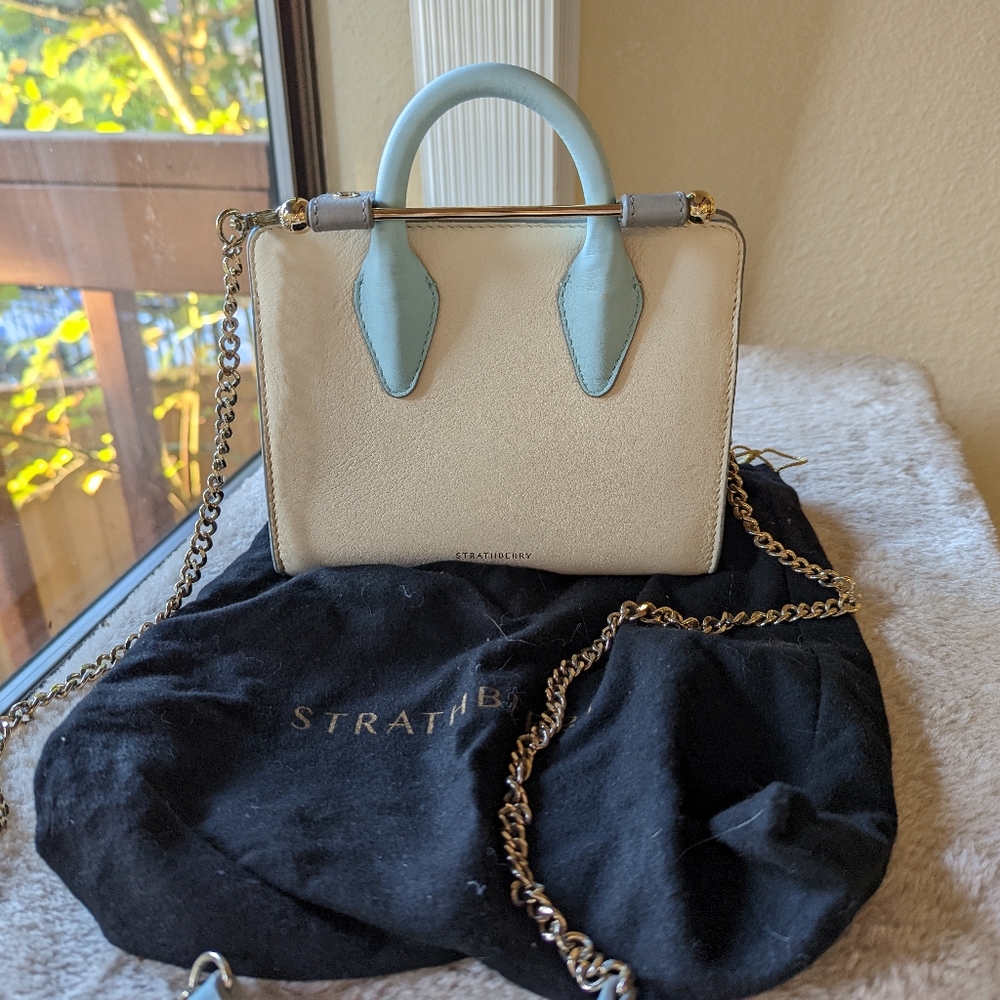 Strathberry nano tote in Vanilla/Pearl gray/Powder blue